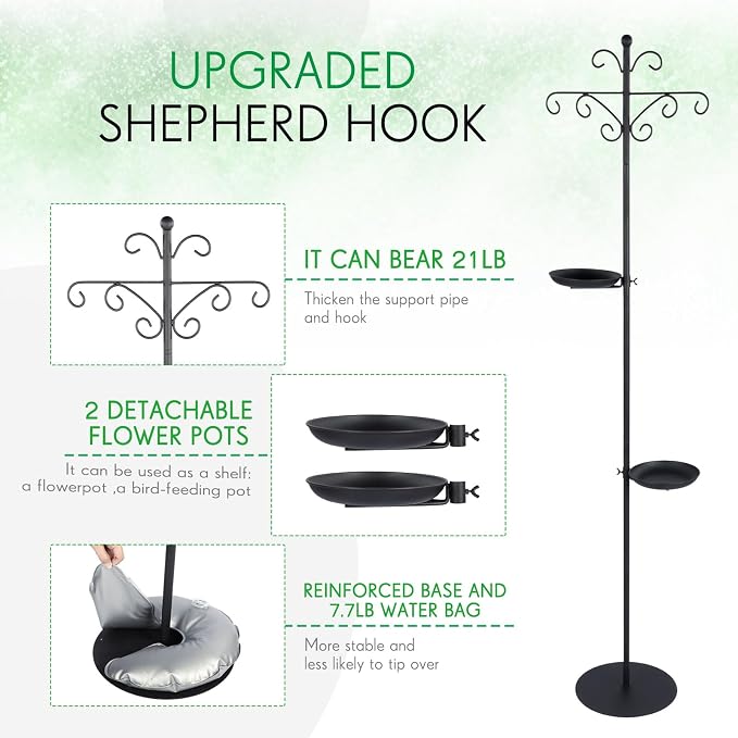 1 Set Upgraded 75.9" Shepherds Hook for Bird Feeder, Hanging Plant Wind Chime Stand, Metal Adjustable Standing Pole Holder for Indoor Outdoor, with 2 Rack & Weight Bag (Vintage 2 Hooks)