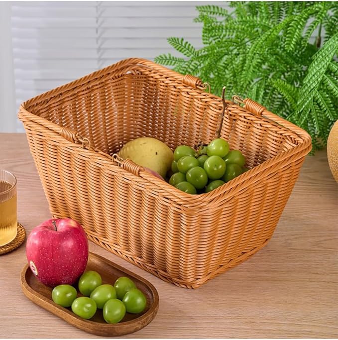 Picnic Basket, Garden Harvest Basket, Wicker Shopping Baskets with Foldable Handles, Reusable Handwoven Market Baskets for Carrying Shopping Storage Gathering (Brown, Rectangle)