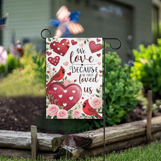 Pfrewn Valentine House Flag 28 x 40 Double Sided, Red Rose Floral Cardinal Garden Yard Flags Welcome Spring Outdoor Indoor Banner for Wedding Party Home Decorations