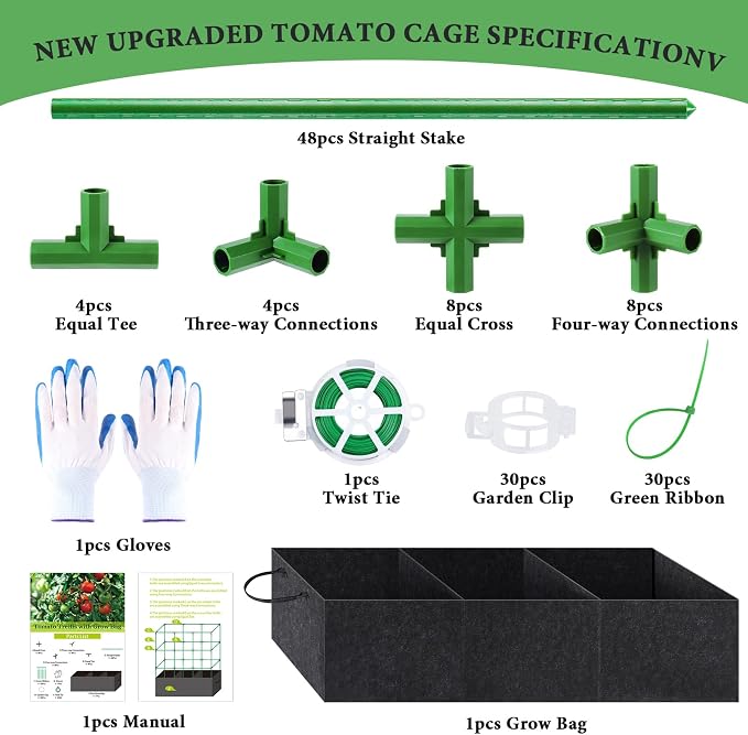 POILKMNI Tomato Cage 51×17×49 Inch with 46 Gallon Grow Bag, Heavy Duty Plastic Coated Steel Plant Support Trellis for Tomato Cucumber Climbing Plants Outdoor Indoor