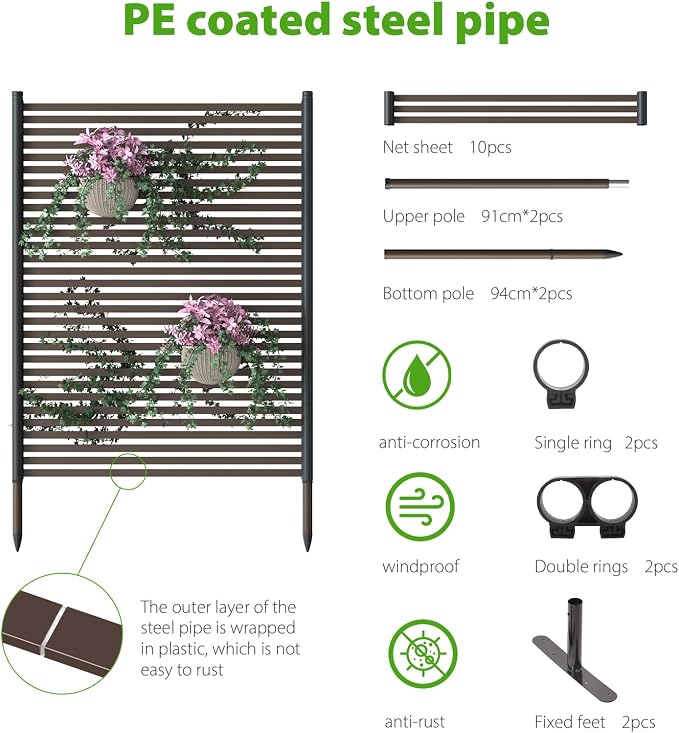 BUKLIYN Outdoor Privacy Screens - Length: 43in, Height: 70.8in Exterior Metal Privacy Patio Screen Panel,PE-Coated Steel Pipe and Slats for Brown，Perfect to Hide Trash Cans （1-Panel