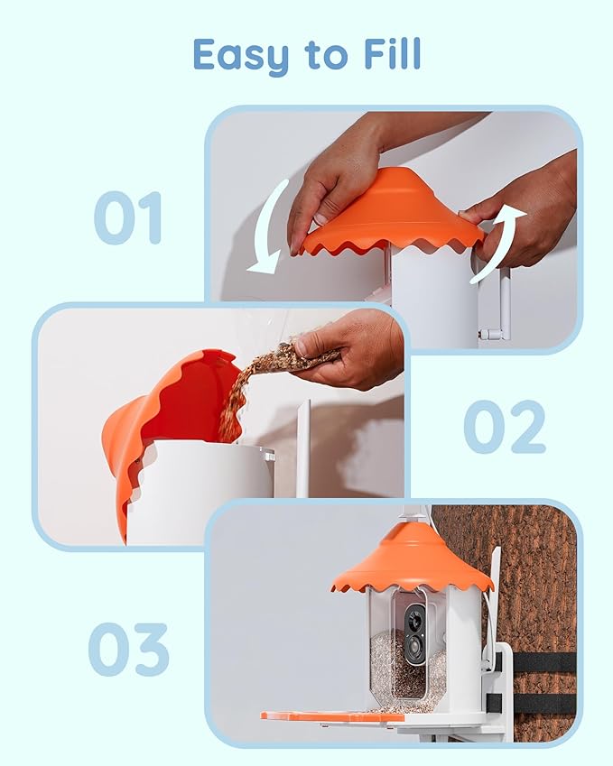 Hiseeu 3MP Feeder with Camera, 2.5L, AI Identify 11000+ Species, Solar Powered, Auto Capture Bird Videos & Motion Detection, Smart Bird Watching Camera Wireless Outdoor (Orange-64G)
