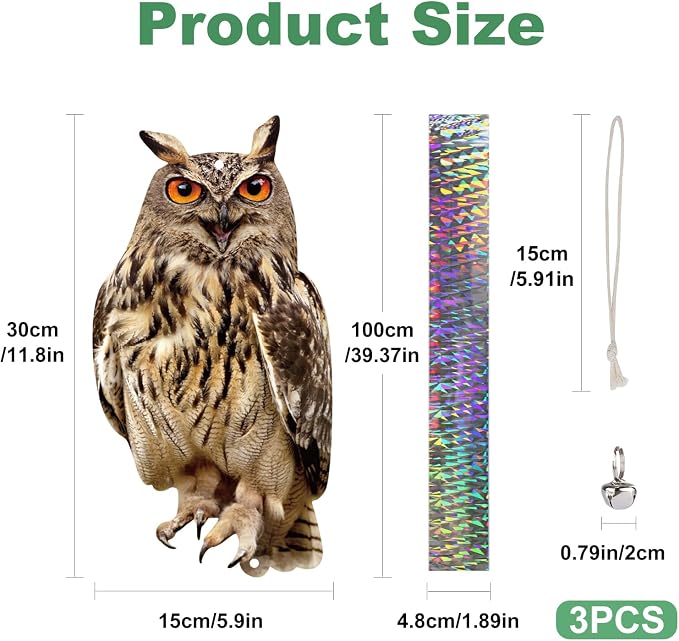 Hanging Plastic Owls for Gardens, 3PCS Reflective Hanging Owl Decoration Woodpecker Control Device with Reflective Tape, Jinging Bell for Garden Patio Windows