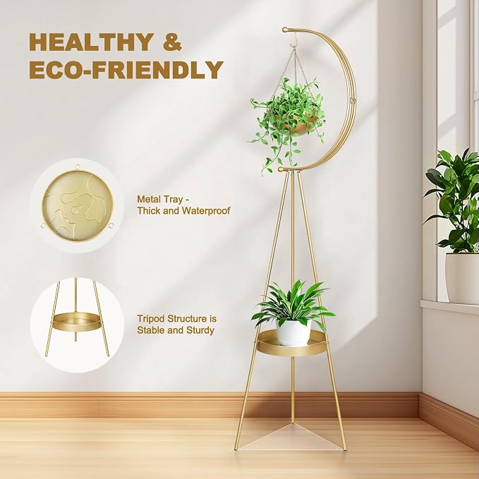 airogym Metal Plant Stand, Plant Holder for Indoor Outdoor, Multifunctional Iron Flower Pots Rack, Modern Planter Display Shelf, Hanging Planters for Garden Living Room Decor Corner Balcony (Golden)