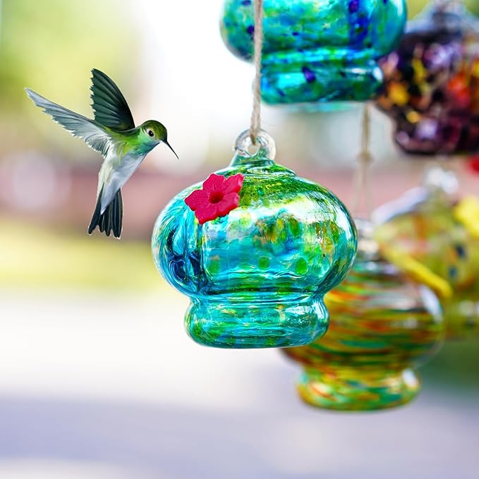 3pcs Blown Glass Hummingbird Feeder Hanging Glass Bird Feeders with Flower Feeding Ports for Window Backyard Garden Outdoor Decor Gifts for Women