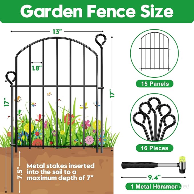 Decorative Garden Fence 17in (H) x15ft (L), Arched Rustproof Metal No Dig Fence for Dogs & Rabbit, Ornamental Animal Barrier for Flower Beds, Border Panels Fencing for Yard & Patio Outdoor Decor