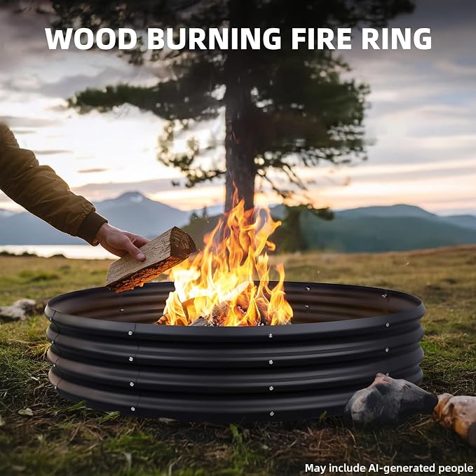 60 Inch Fire Pit Ring for Outside, 5FT Diameter Wood Burning Fire Ring, Large Round Galvanized Steel Fire Pit, Metal Outdoor Fireplace for Backyard, Patio, Camping, Bonfire (Black)