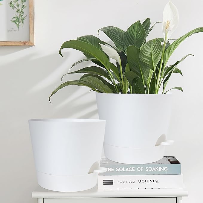 YNNICO 12 Inches Indoor Self Watering Planters with Drainage Holes and Saucers, 4 Pack (White)