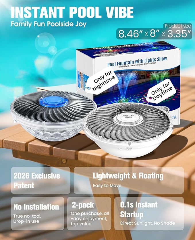 2PKS Solar Pool Fountains with Light Show,2026 Upgraded Large Solar Pool Water Fountain Kit, Floating Pool Fountain for Above Ground Pool,Solar Floating Fountain Pumps for All day Use