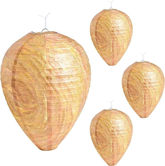ZeeDix 4 Pack Hanging Paper Fake Wasp Nest Decoy for Outdoor, Home and Garden(8.66"×11",Warm Color)