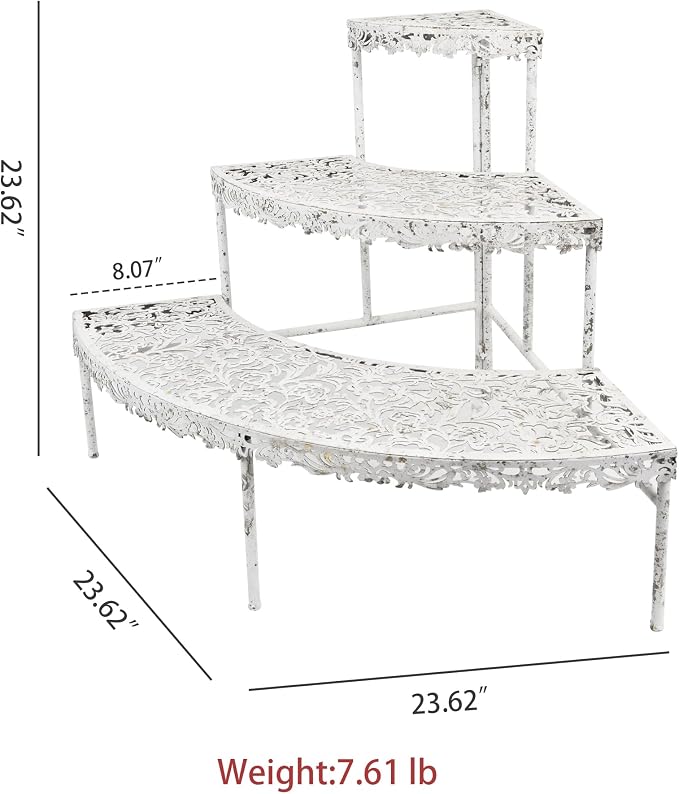 3-Tier Vintage Corner Plant Stand for Indoor Outdoor Distressed Metal Flower Pot Holder Shelves with Ornate Cutout Edges Multi-Level Planter Rack Display Corner Shelf Antique Tall Plant Shelf for Patio Porch Garden Balcony Living Room (White)