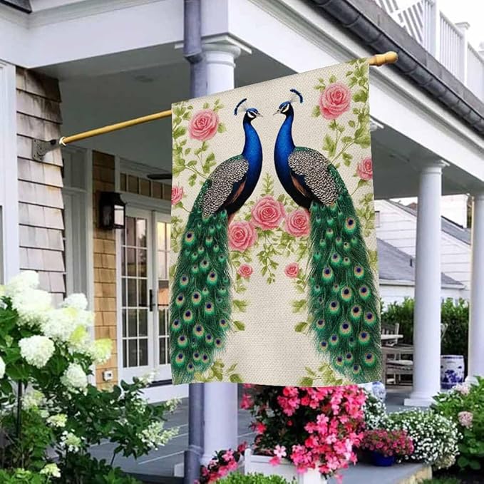 AOYEGO Peacock Roses House Flags 28 x 40 Double Sided Burlap Abstract Beautiful Floral Pattern Yard Flags Spring Summer Farmhouse Seasonal Outdoor Flag
