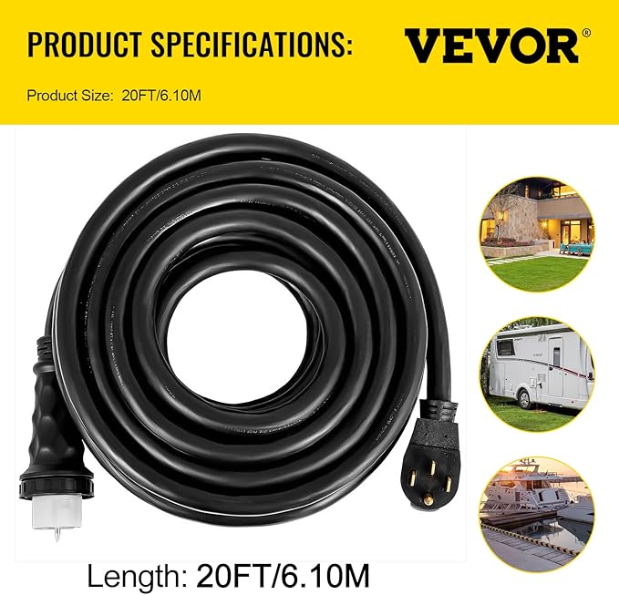 VEVOR 25 FT 50 Amp Generator Extension Cord NEMA N14-50P & SS2-50R & CS6364, STW 6/3 + 8/1 AWG 125V 250V Generator Power Cord Twist Lock Connectors