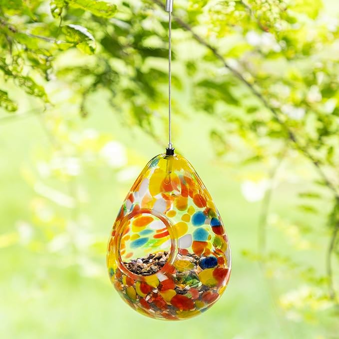 Glitzhome 6.75''H Hanging Glass Birdfeeder,Water Drop Fly Through Wild Bird Feeders for Outdoors,Orange Dots Glass Bird Feeders for Garden, Yard, Backyard, Deck and Porch Decor