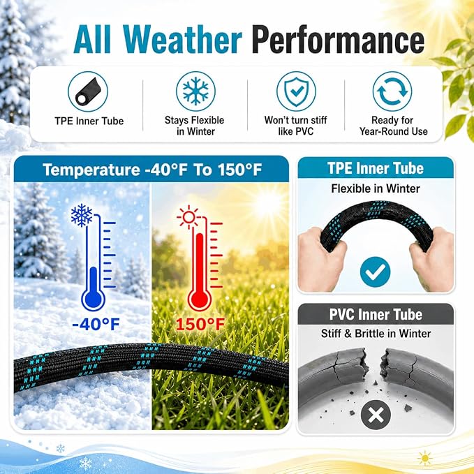 50ft Heavy Duty Garden Hose with Alloy Nozzle & Solid Brass Connectors – Lightweight, No-Kink Flexible Water Hose, 96-Spindle High-Density Weave, 12 Bar Non-Expandable TPE Core for Patio & Lawn