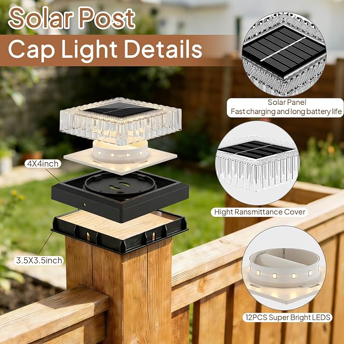 Solar Post Cap Lights: 12 Pack Fence Post Lights Outdoor 3000K with Clear Lampshade for 4×4/3.5×3.5 Wooden/Vinyl Posts, IP65 Waterproof 10-12H Lasting for Backyard Deck Patio