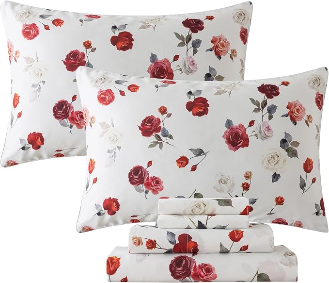 FADFAY Rose Sheets Set Twin Vintage White Floral Bedding Chic Red Rose Bed Sheets Shabby Farmhouse Bedding 100% Percale Egyptian Cotton 800 Thread Count Deep Pocket Fitted Sheet 4Pcs, Twin Size