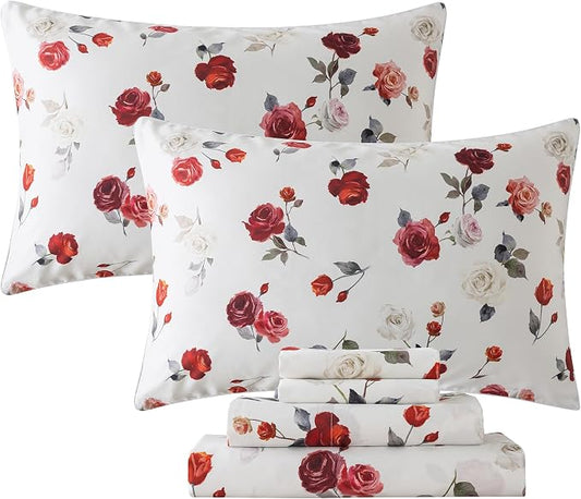 FADFAY Vintage White Rose Floral Bedding - King Size, 100% Percale Egyptian Cotton, 800 Thread Count, Deep Pocket Fitted Sheet, 4Pcs