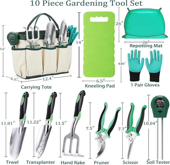 10PCS Heavy-Duty Garden Tools Set for Beginners - Rust-Proof Aluminum Garden Kit with Soil Tester, Repotting Mat & Kneeling Pad, Perfect Gardening Gift for Women, Mom & Beginners