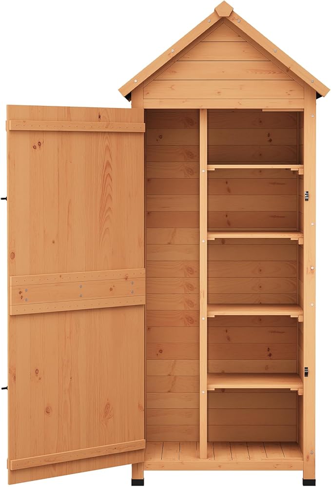 63in Tall Outdoor Storage Shed, Waterproof Wooden Garden Tool Shed with 4 Shelves and Lockable Doors, Vertical Outdoor Storage Cabinet for Patio Yard Lawn