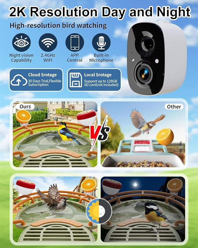 Bird Feeder with Camera, 2K HD Camera Birds Feeder with Bath Wireless Outdoor, Solar Powered Bird Watching with APP Control, Night Vision, Motion Detection Alerts, IP66 Birdfeeder for Backyard, Green