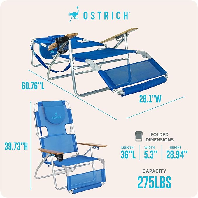 Ostrich the Original 3N1 Lightweight Beach Reclining Lounge Chair with Footrest, Outdoor Furniture for Patio, Balcony, Backyard, or Porch, Blue