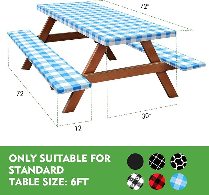 Picnic Table Cover with Bench Covers, Fitted 6ft Waterproof Tablecloth Set for Outdoor Camping & RV - Includes 1 Table Cover & 2 Bench Covers with Drawstring Storage Bag, 30"x72", White Blue Grid