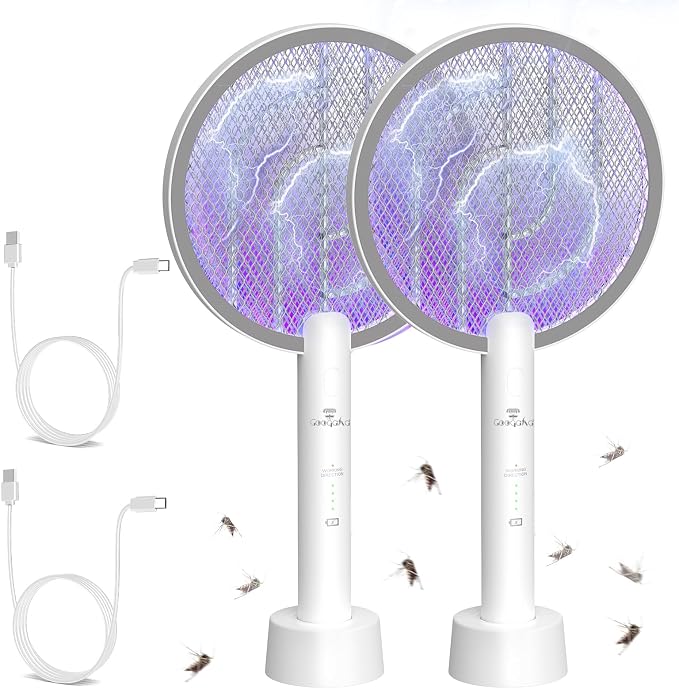 Bug Zapper Racket, 2 Mode Electric Fly Zapper USB Rechargeable, 4000V Electric Fly Swatter with 3 Layer Safety Mesh, Indoor Outdoor Bug Zapper Racket for Kitchen, Bedroom, Camping(2 Pack