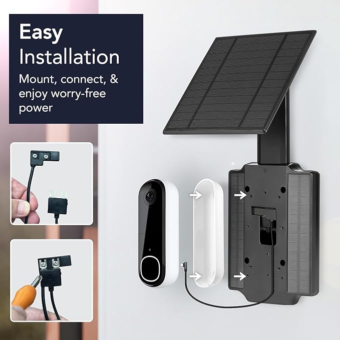 Wasserstein Doorbell Solar Charger with Built-in Battery Compatible with Arlo Video Battery Doorbell 2K (2nd Gen), WYZE Wireless Duo Cam & eufy E340/C30/C31 Doorbell (2.5W)