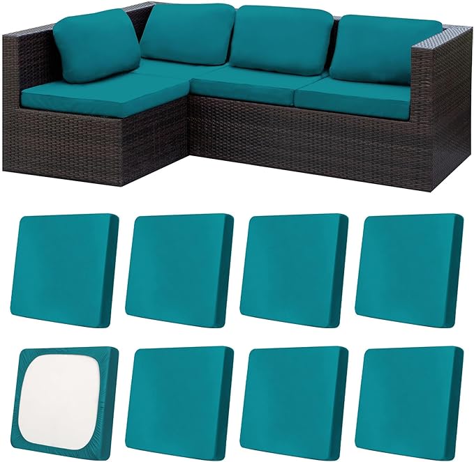 8Pcs Patio Cushion Covers,Outdoor Cushions Covers,Stretch Cushion Covers Replacement, Washable and Reusable Furniture Protectors(Peacock Blue)
