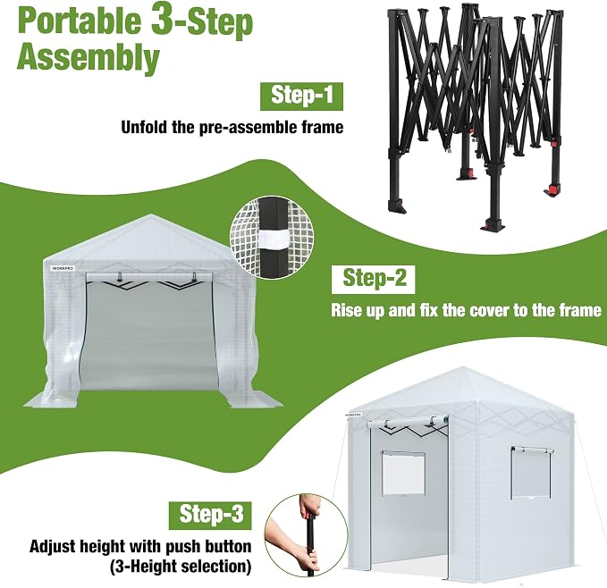 WORKPRO Greenhouse, 94" x70" x98" Pop-up Greenhouse for Outdoors , Heavy Duty Gardening House with Sturdy PE Cover, Roll-up Entry Doors and 2 Screen Windows, for Patio, Backyard, Balcony