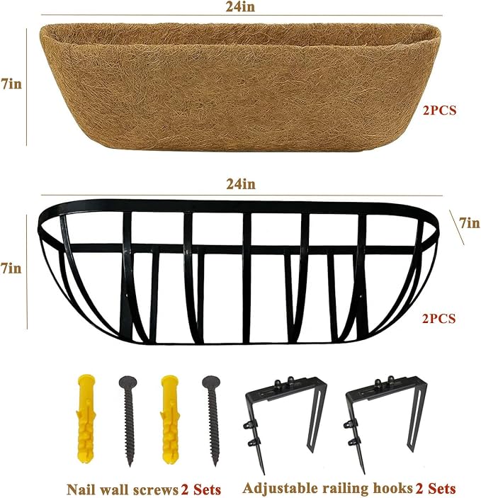 24 Inch Railing Planter Boxes 2 Pack Metal Window Box Planters with Coco Coir Liners, Horse Trough Planter with Adjustable Brackets for Deck Balcony Fence Porch Patio Outdoor Garden, Black