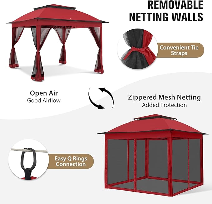 COOS BAY Pop up Gazebo 11x11, Instant Canopy Tent with Mesh Netting, Patio Gazebo with 121 Square Feet of Shade, 4 Weight Bags Included, Red