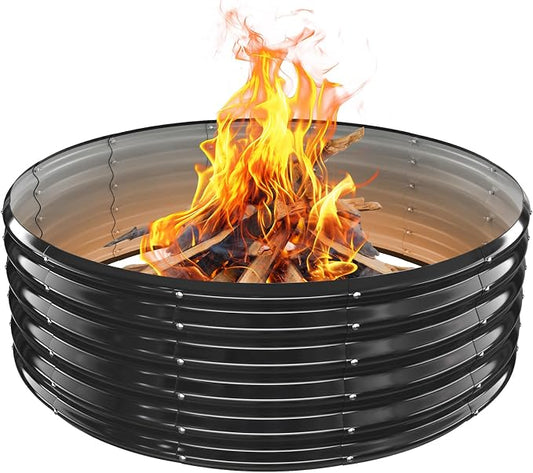 YSEJOMP 48 Inch Round Galvanized Fire Pit Ring/Fire Ring - Foldable and Perfect for Outdoor Gatherings and Campfires in The Yard/Garden/Park/Beach (Black+Gray, 4 FT Diameter+1.5 FT Tall)