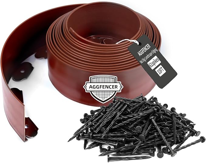 4 in x 33 Ft Garden Landscape Edging, No Dig Garden Edging Border Kit with 61 Pcs Spikes for Flower Bed Lawn Yard Grass Brown