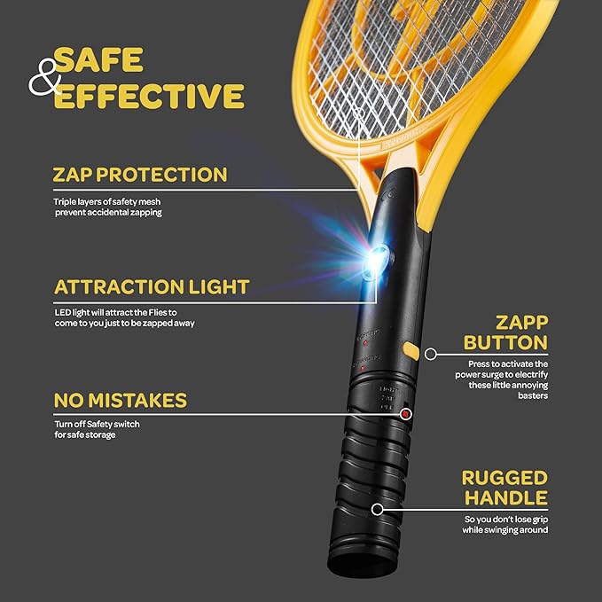 Electric Fly Swatter Handheld Bug Zapper Racket for Indoor/Outdoor - 4000 Volt Fly Swatter - Instant Bug & Mosquito Killer with Attractant LED Light - USB Rechargeable Portable Fly Zapper.
