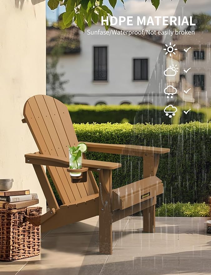 Carauci Plastic HDPE Adirondack Chair, Folding Adirondack Chair Weather Resistant with Cup Holder, Wooden Textured Fire Pit Outdoor Chair for Garden, Porch, Lawn, Backyard, Supports 380LBS, Teak