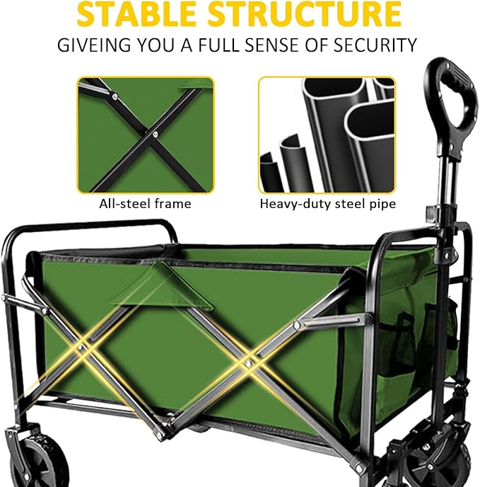 Foldable Wagon Cart, Collapsible Wagon Cart with Heavy Duty Wheels, 220Ibs Portable Folding Utility Wagon for Groceries, Beach, Camping, Outdoor Activities, Green