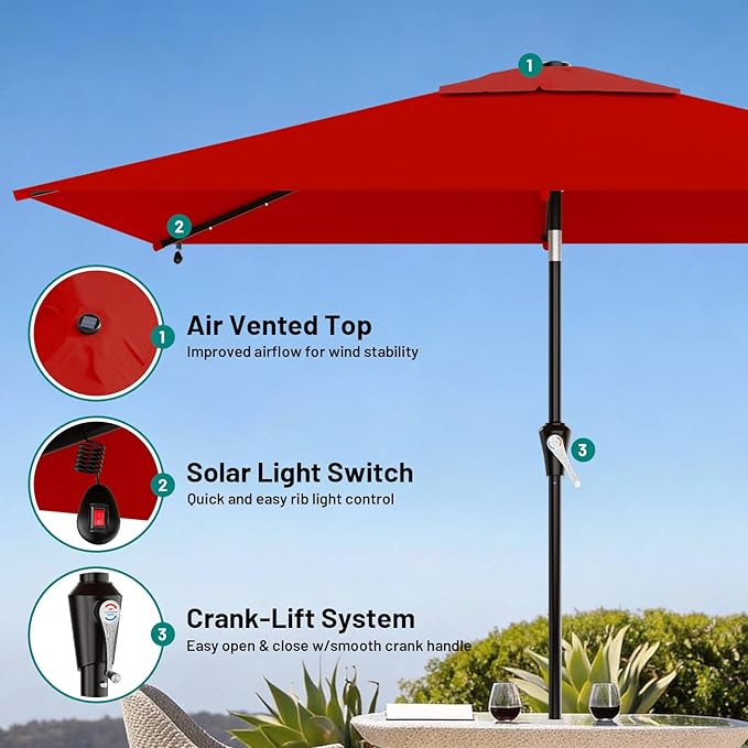 AreShark 6.5' x 10' Rectangular Patio Umbrella with Solar Lights, Solar Powered Lighted Market Umbrella w/Tilt and Crank, Outdoor Table Umbrella for Garden, Deck, Backyard, Pool and Beach, Red