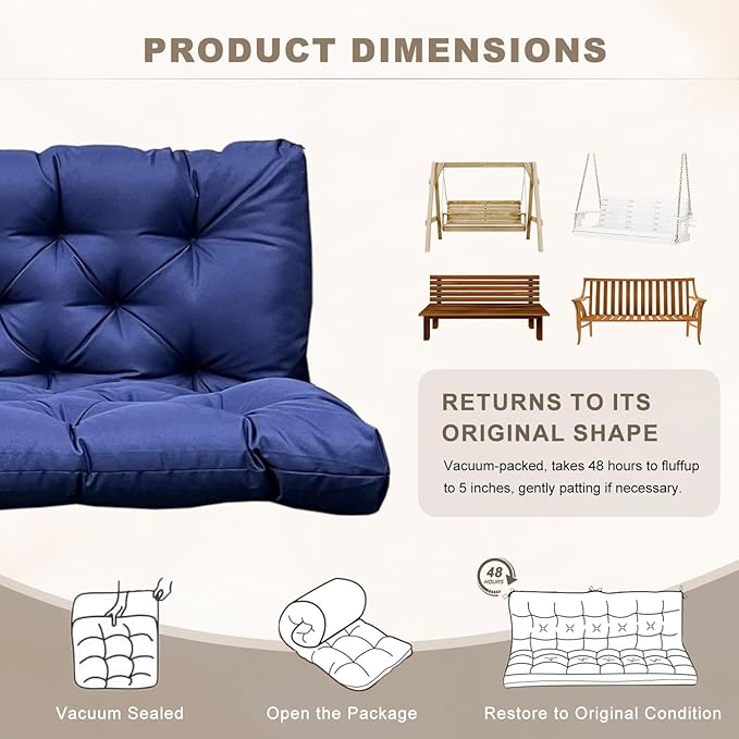 Porch Swing Cushion with Backrest,Waterproof Bench Cushion for Outdoor Furniture,2-3 Seater Replacement Thickened Swing Cushion with Ties,Patio,Outdoor,Backyard and Garden (Navy Blue,40x40)