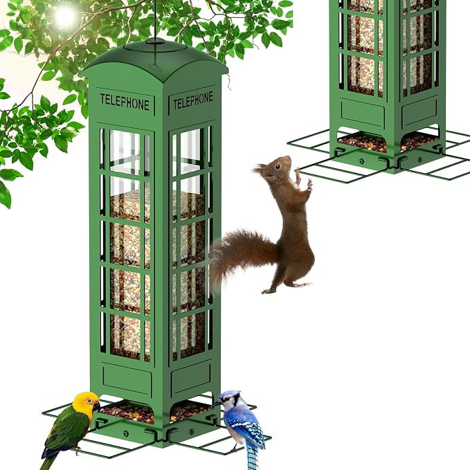 Bird Feeder Squirrel Proof for Outdoors Hanging - Gravity Protection Metal Wild Bird Feeders Tube Bird Seed Feeder with 4 Feeding Ports,2.5LB Large Capacity for Cardinal, Sparrow, Finch, Chickadee