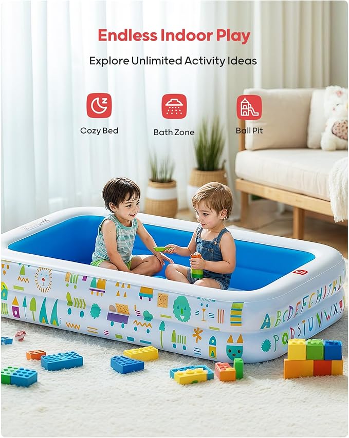 QPAU Kiddie Pool – 65" x 39" Inflatable Pool for Kids & Toddlers, Ball Pit & Baby Pool with Soft Floor, Educational Alphabet & Number, Durable Outdoor Play Toys for Backyard & Indoor Fun (Blue)