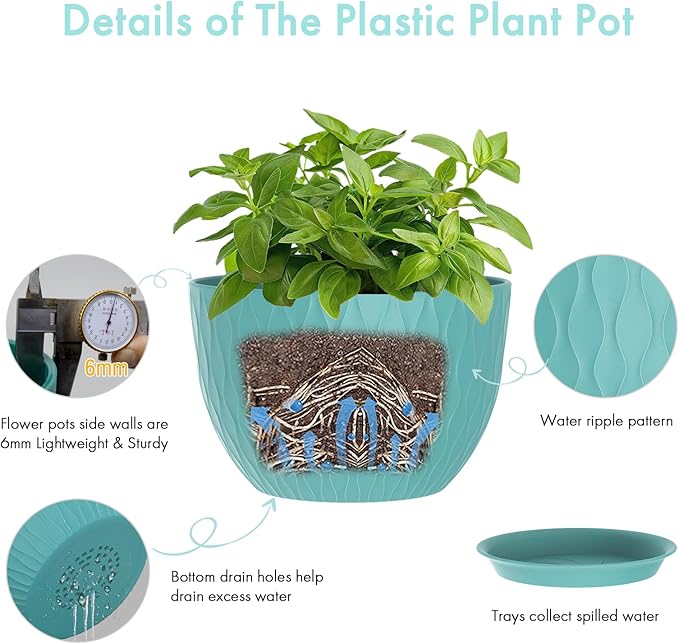 WSMKSZ 12 Inch Large Plant Pots for Indoor or Outdoor Plants, Wide Water Ripples Flower Pots with Drainage Holes & Saucer, Plastic Planters Set for Garden & Home Decor (Blue Green)