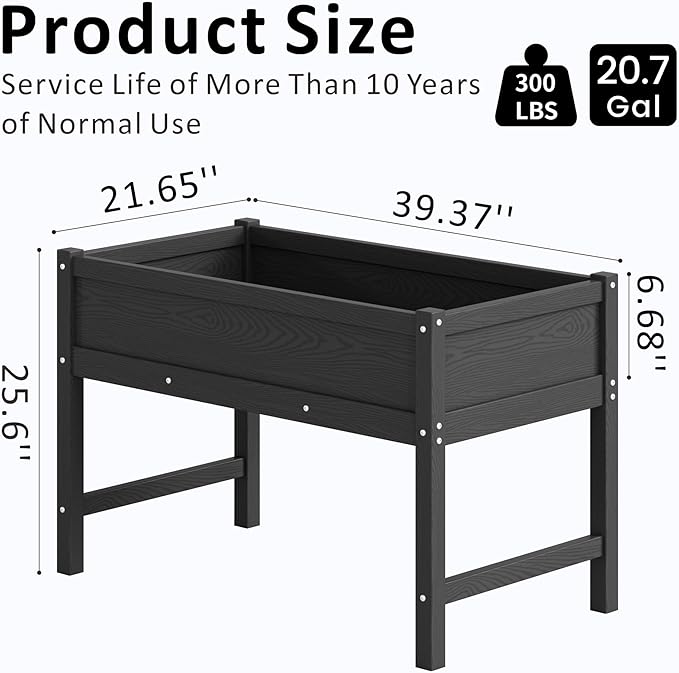 Raised Garden Bed Outdoor with Legs,HDPE Elevated Planter Box Rot-Resistant and Non-Cracking,Raised Beds for Gardening for Backyard, Patio, Balcony, 300lb Capacity Black