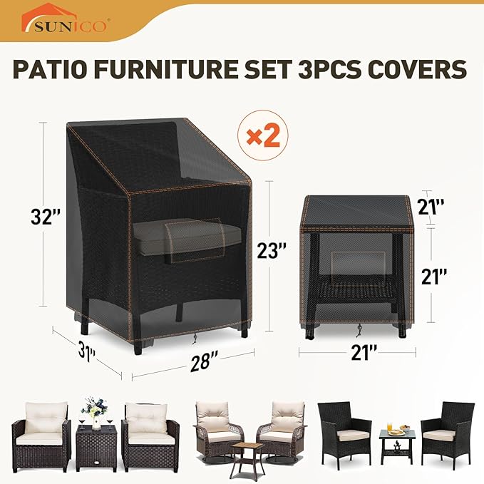 SUNICO 3 PCS Patio Furniture Covers, Patio Furniture Set Covers 420D Waterproof, Fit Furniture Outdoor Bistro Set for 2 Chairs and Side Table, Black