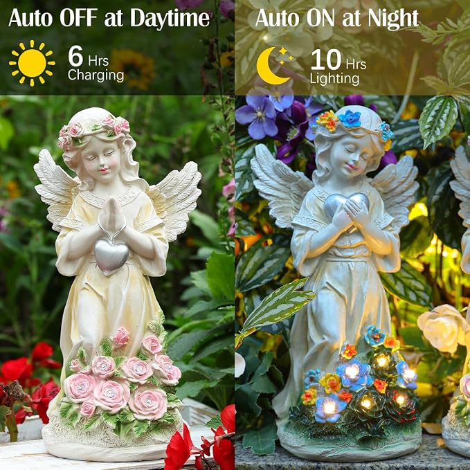 Angel Garden Statue 2Pcs,Love Heart Solar Garden Decor with Warm Light,Waterproof Praying Angel Statue with Flowers,Outdoor Garden Decor Sculpture for Lawn Yard Patio Garden Present,Apricot