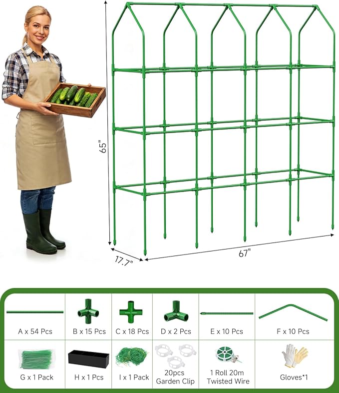 Cucumber Trellis with Grow Bag for Raised Bed, A-Shape Garden Trellis for Climbing Plants Outdoor, Metal Plant Trellis with Garden Netting for Flower Vegetables, Pea, Grape (67x17.7‌x65‌in)