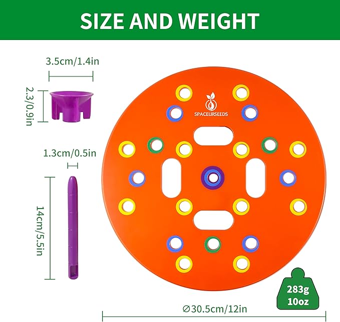 Round Seed Planting Template – Patented Color-Coded Garden Spacing Tool Kit with Seed & Seedling Spacer, Dibber with Seed Spoon & Laminated Vegetable Growing Guide