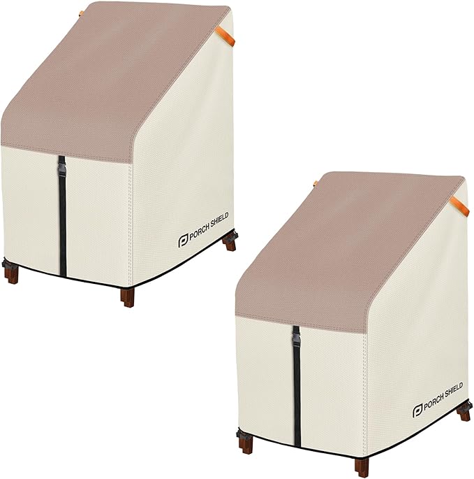 Porch Shield Patio Stackable Chair Covers - Waterproof Outdoor Stack of Chair Cover 2 Pack - 27W x 33D x 46H inch, Light Tan & Khaki