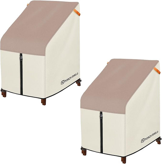 Porch Shield Patio Stackable Chair Covers - Waterproof Outdoor Stack of Chair Cover 2 Pack - 27W x 33D x 46H inch, Light Tan & Khaki